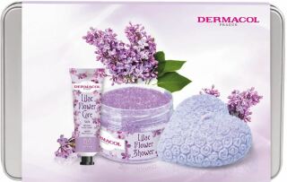 Set cadou Dermacol Flower Lilac Care (exfoliant de corp 200 g, cremă de mâini 30 ml, lumânare parfumată 130 g)